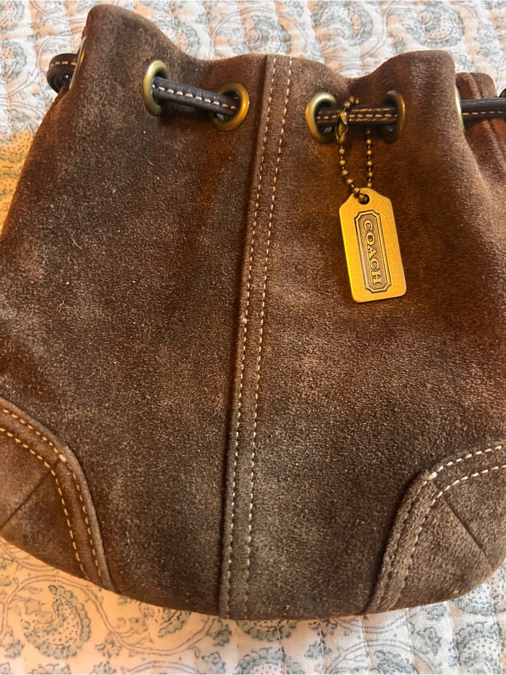 Coach Brown Suede Mini Drawstring Bucket Bag with Gold Hardware - Picture 4 of 7